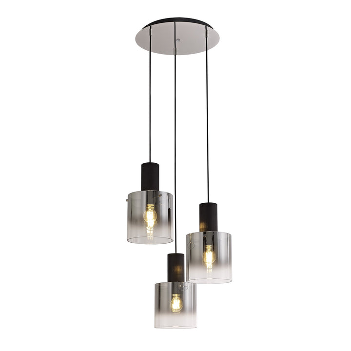 Nelson Lighting NL75919 Blade Round Pendant 3 Light Adjustable Black/Smoke Fade Glass