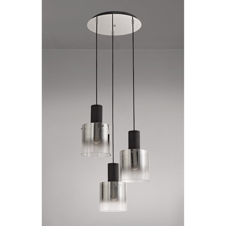 Nelson Lighting NL75919 Blade Round Pendant 3 Light Adjustable Black/Smoke Fade Glass