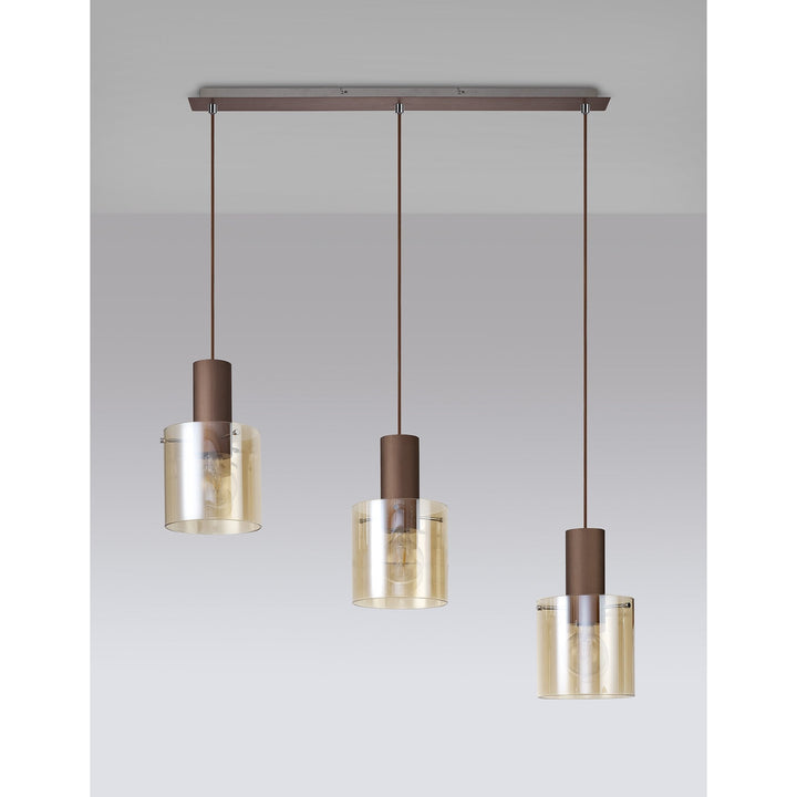 Nelson Lighting NL82629 Blade 3 Light Linear Pendant Adjustable Mocha/Amber Glass