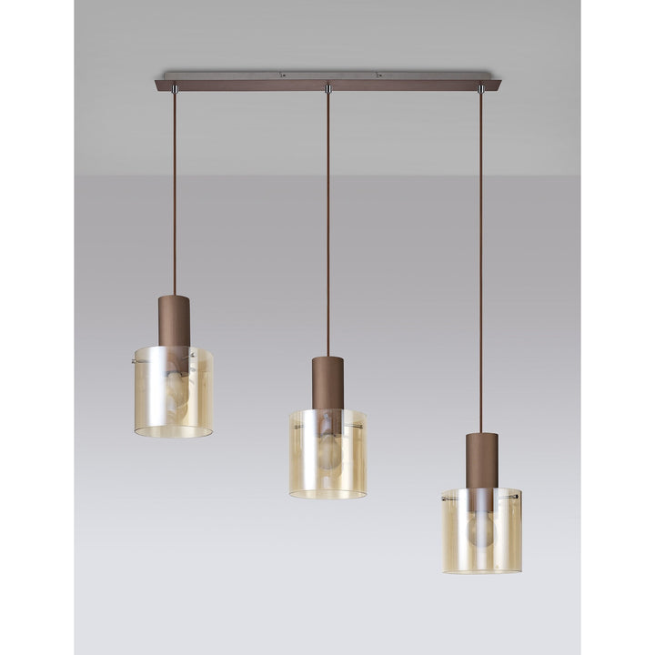 Nelson Lighting NL82629 Blade 3 Light Linear Pendant Adjustable Mocha/Amber Glass