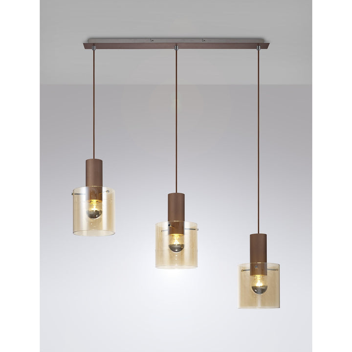 Nelson Lighting NL82629 Blade 3 Light Linear Pendant Adjustable Mocha/Amber Glass