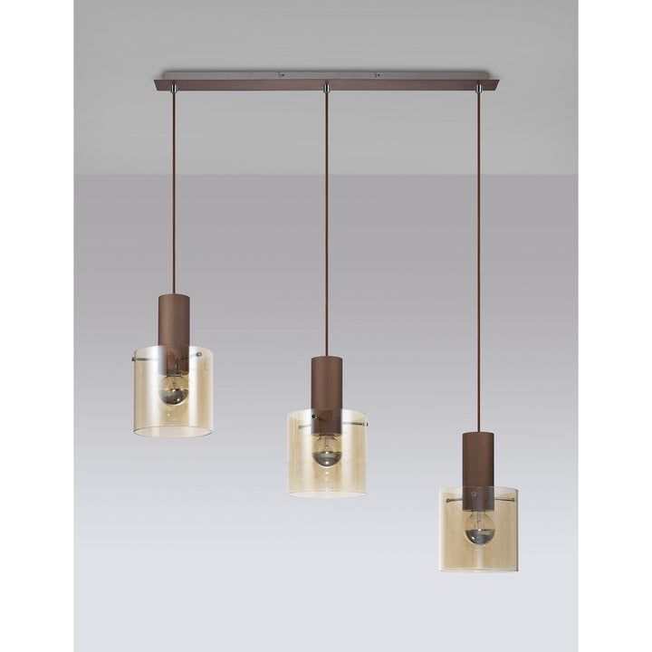 Nelson Lighting NL82629 Blade 3 Light Linear Pendant Adjustable Mocha/Amber Glass