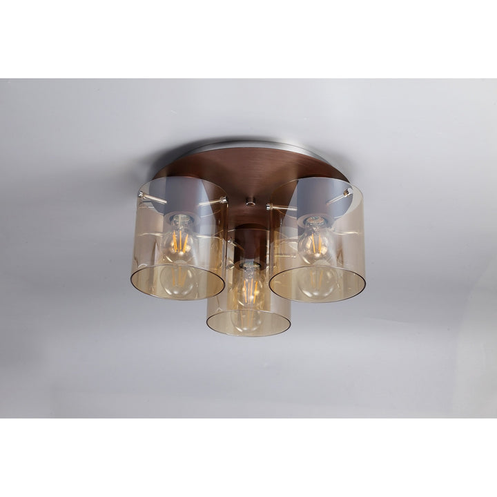 Nelson Lighting NL82659 Blade Round Ceiling Flush 3 Light Mocha/Amber Glass