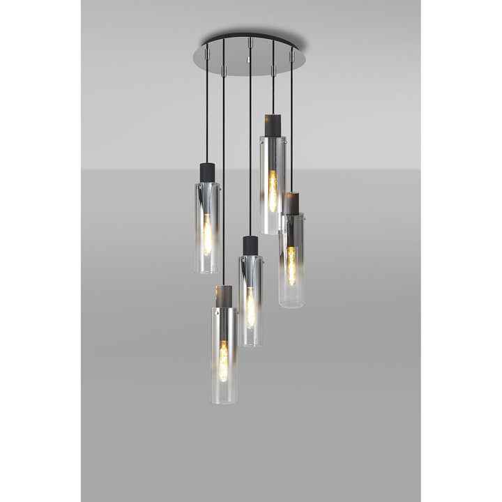 Nelson Lighting NL84909 Blade Slim Round Pendant 5 Light Adjustable Black/Smoke Fade Glass