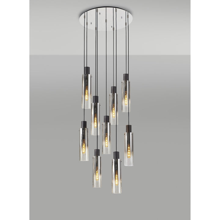 Nelson Lighting NL84919 | Blade Slim Round Pendant | 9 Light Adjustable Black/Smoke Fade Glass