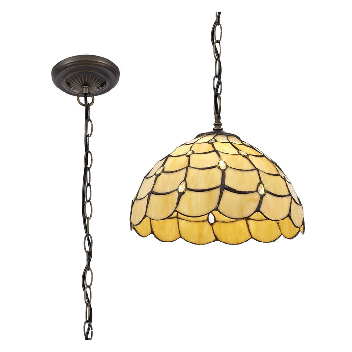 Nelson Lighting NLK00379 Chrisy 1 Light Down Lighter Pendant With 30cm Tiffany Shade Beige/Aged Antique Brass