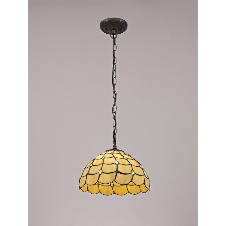 Nelson Lighting NLK00379 Chrisy 1 Light Down Lighter Pendant With 30cm Tiffany Shade Beige/Aged Antique Brass