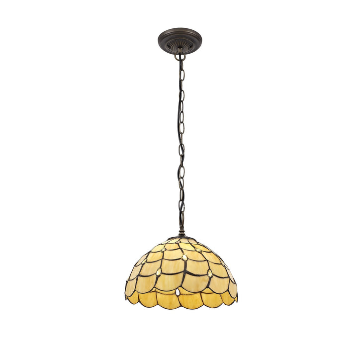 Nelson Lighting NLK00379 Chrisy 1 Light Down Lighter Pendant With 30cm Tiffany Shade Beige/Aged Antique Brass