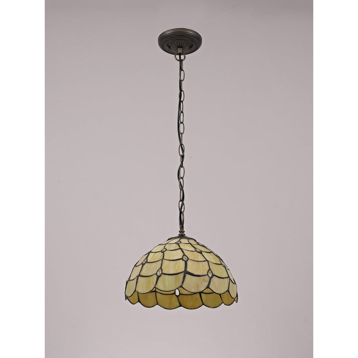 Nelson Lighting NLK00379 Chrisy 1 Light Down Lighter Pendant With 30cm Tiffany Shade Beige/Aged Antique Brass