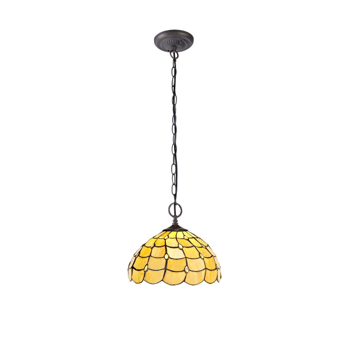 Nelson Lighting NLK00389 Chrisy 2 Light Down Lighter Pendant With 30cm Tiffany Shade Beige/Aged Antique Brass