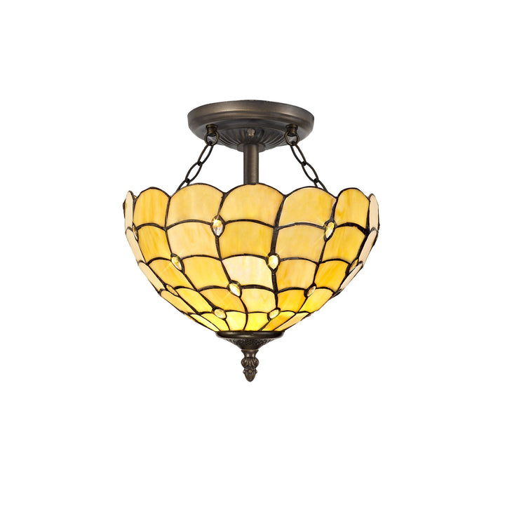 Nelson Lighting NLK00409 Chrisy 2 Light Semi Ceiling With 30cm Tiffany Shade Beige/Aged Antique Brass