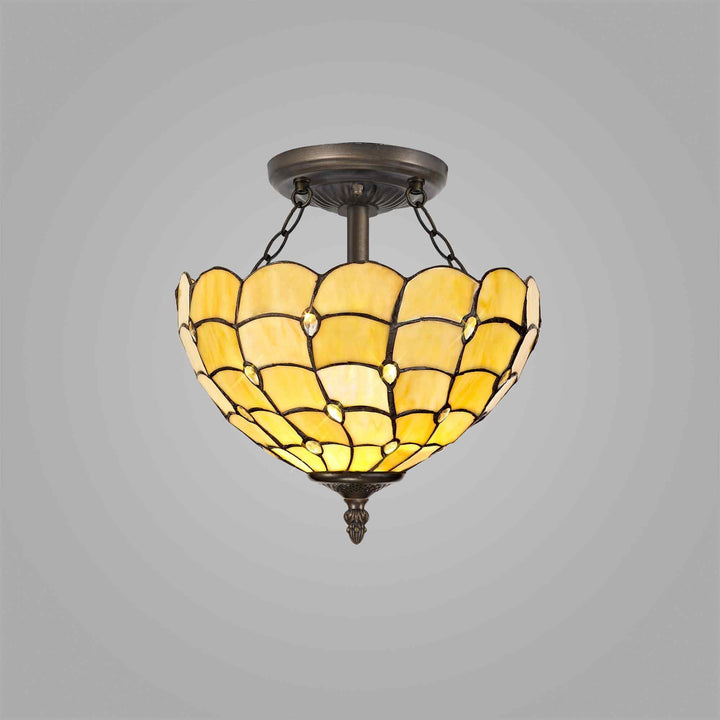 Nelson Lighting NLK00409 Chrisy 2 Light Semi Ceiling With 30cm Tiffany Shade Beige/Aged Antique Brass