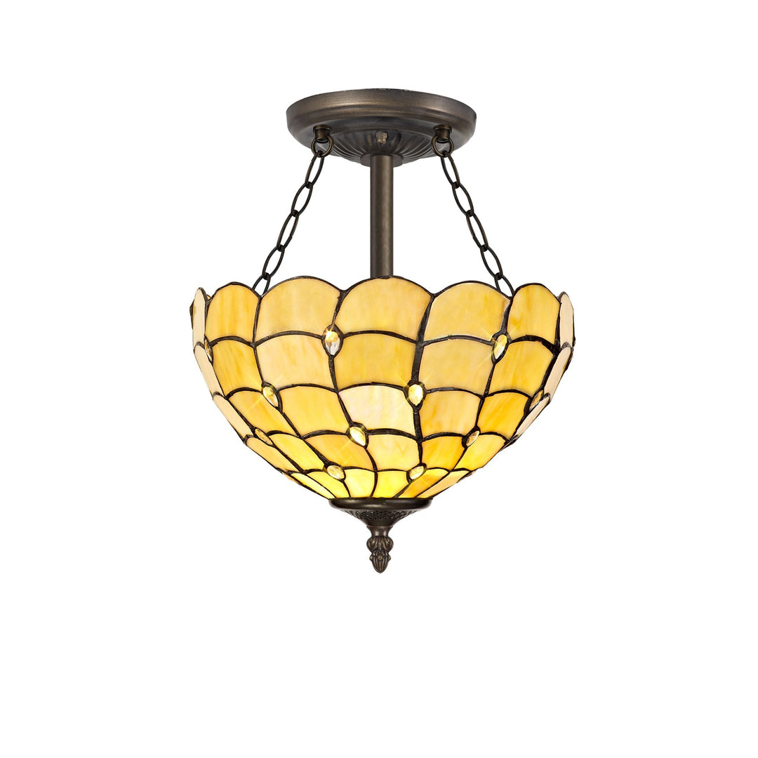 Nelson Lighting NLK00419 Chrisy 3 Light Semi Ceiling With 30cm Tiffany Shade Beige/Aged Antique Brass