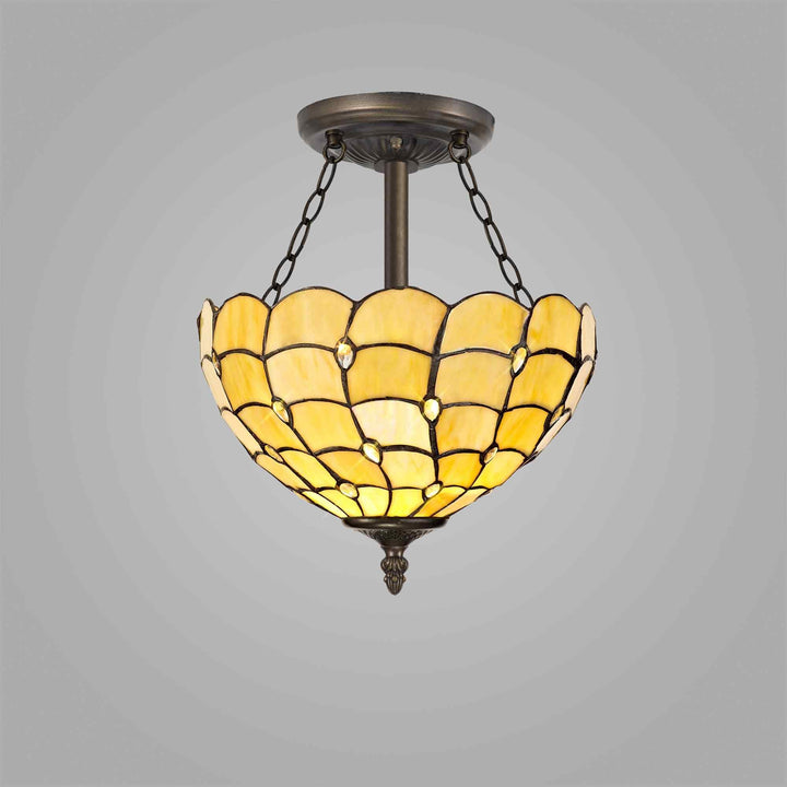 Nelson Lighting NLK00419 Chrisy 3 Light Semi Ceiling With 30cm Tiffany Shade Beige/Aged Antique Brass