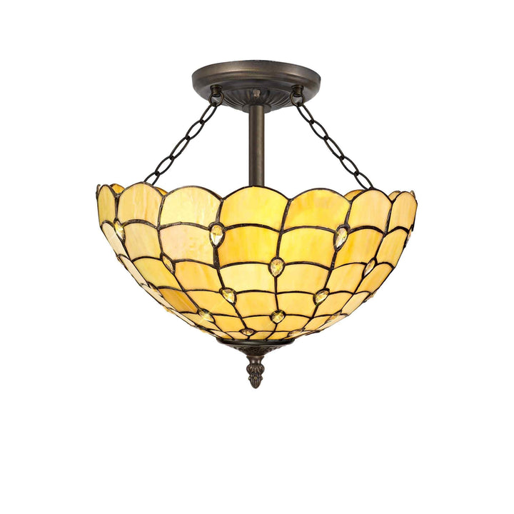 Nelson Lighting NLK00509 Chrisy 3 Light Semi Ceiling With 40cm Tiffany Shade Beige/Aged Antique Brass