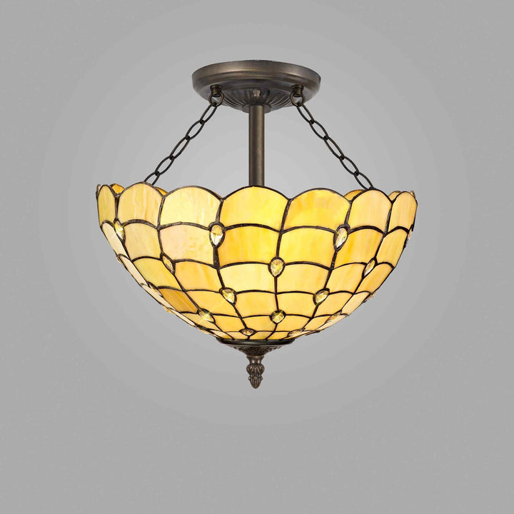 Nelson Lighting NLK00509 Chrisy 3 Light Semi Ceiling With 40cm Tiffany Shade Beige/Aged Antique Brass
