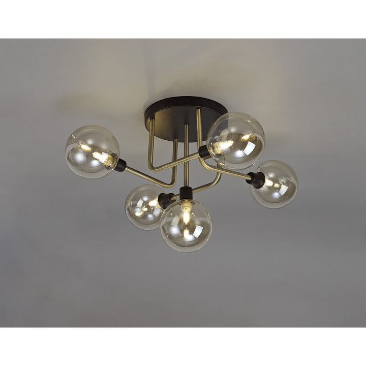 Nelson Lighting NL77309 Dylon Flush Ceiling 5 Light Matt Black/Antique Brass/Cognac Glass