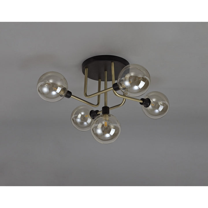 Nelson Lighting NL77309 Dylon Flush Ceiling 5 Light Matt Black/Antique Brass/Cognac Glass