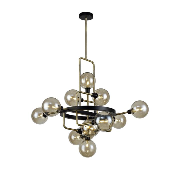 Nelson Lighting NL77329 Dylon Fixed Pendant 12 Light Matt Black/Antique Brass/Cognac Glass