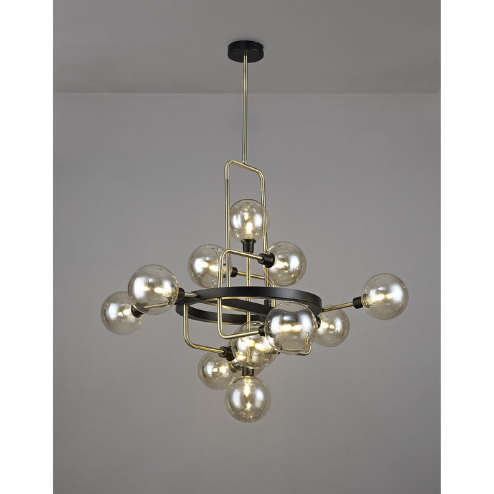 Nelson Lighting NL77329 Dylon Fixed Pendant 12 Light Matt Black/Antique Brass/Cognac Glass