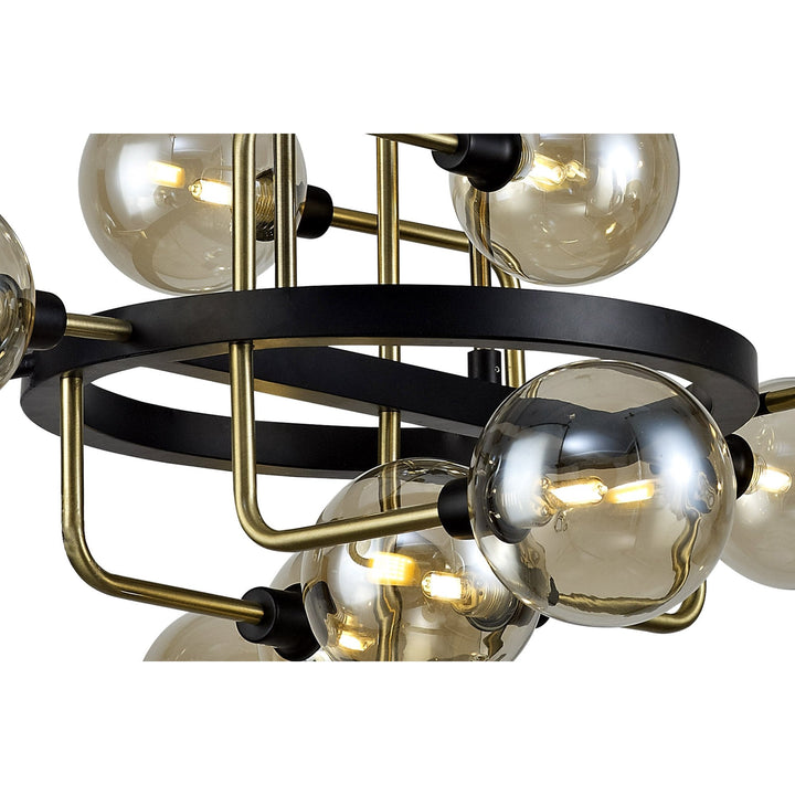 Nelson Lighting NL77329 Dylon Fixed Pendant 12 Light Matt Black/Antique Brass/Cognac Glass