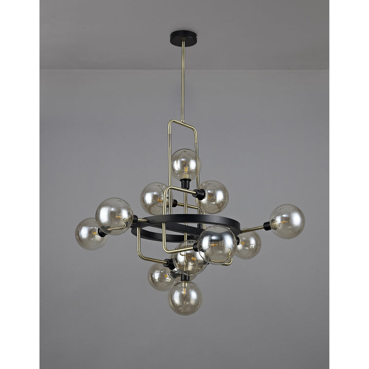 Nelson Lighting NL77329 Dylon Fixed Pendant 12 Light Matt Black/Antique Brass/Cognac Glass