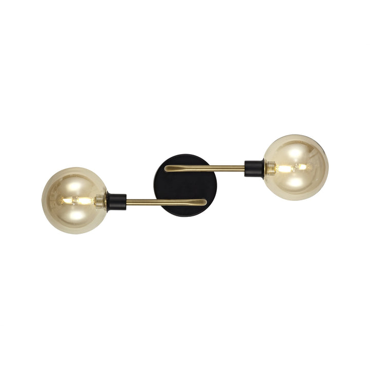 Nelson Lighting NL77339 Dylon Wall Lamp 2 Light Matt Black/Antique Brass/Cognac Glass