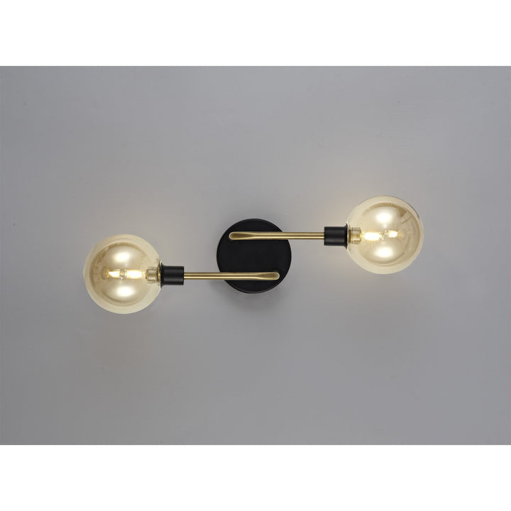 Nelson Lighting NL77339 Dylon Wall Lamp 2 Light Matt Black/Antique Brass/Cognac Glass