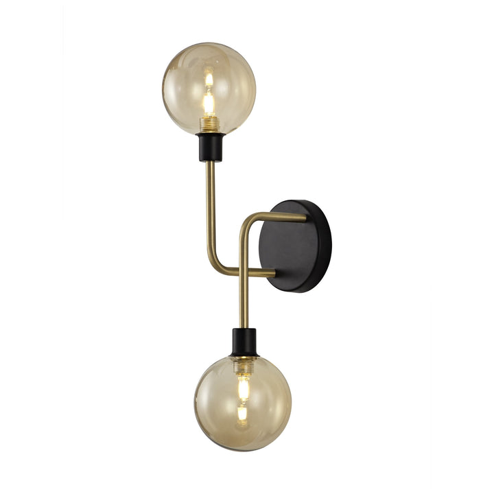 Nelson Lighting NL77339 Dylon Wall Lamp 2 Light Matt Black/Antique Brass/Cognac Glass