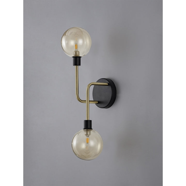 Nelson Lighting NL77339 Dylon Wall Lamp 2 Light Matt Black/Antique Brass/Cognac Glass