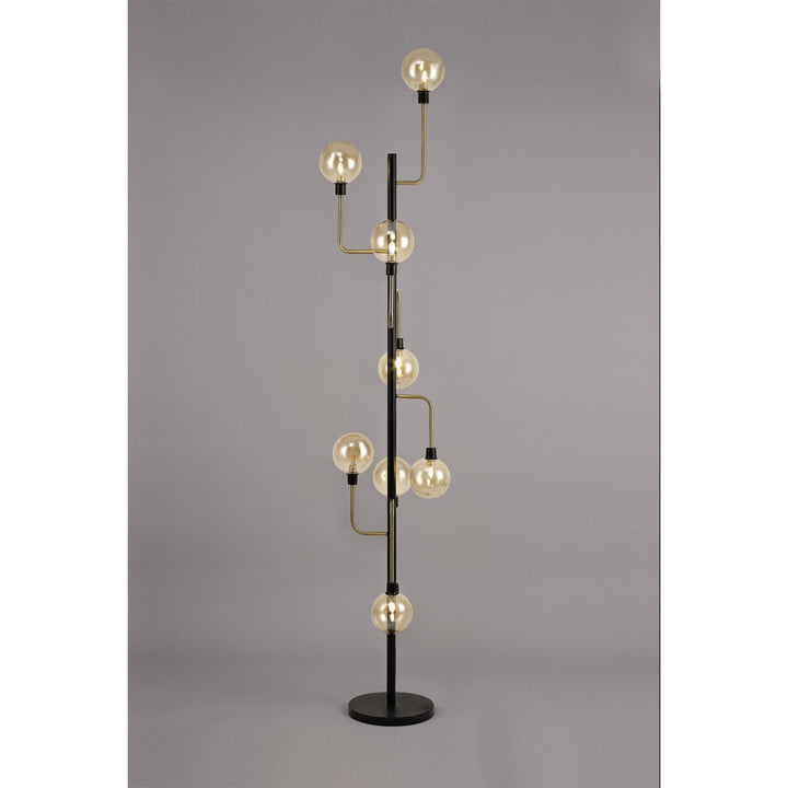 Nelson Lighting NL77359 Dylon Floor Lamp 8 Light Matt Black/Antique Brass/Cognac Glass