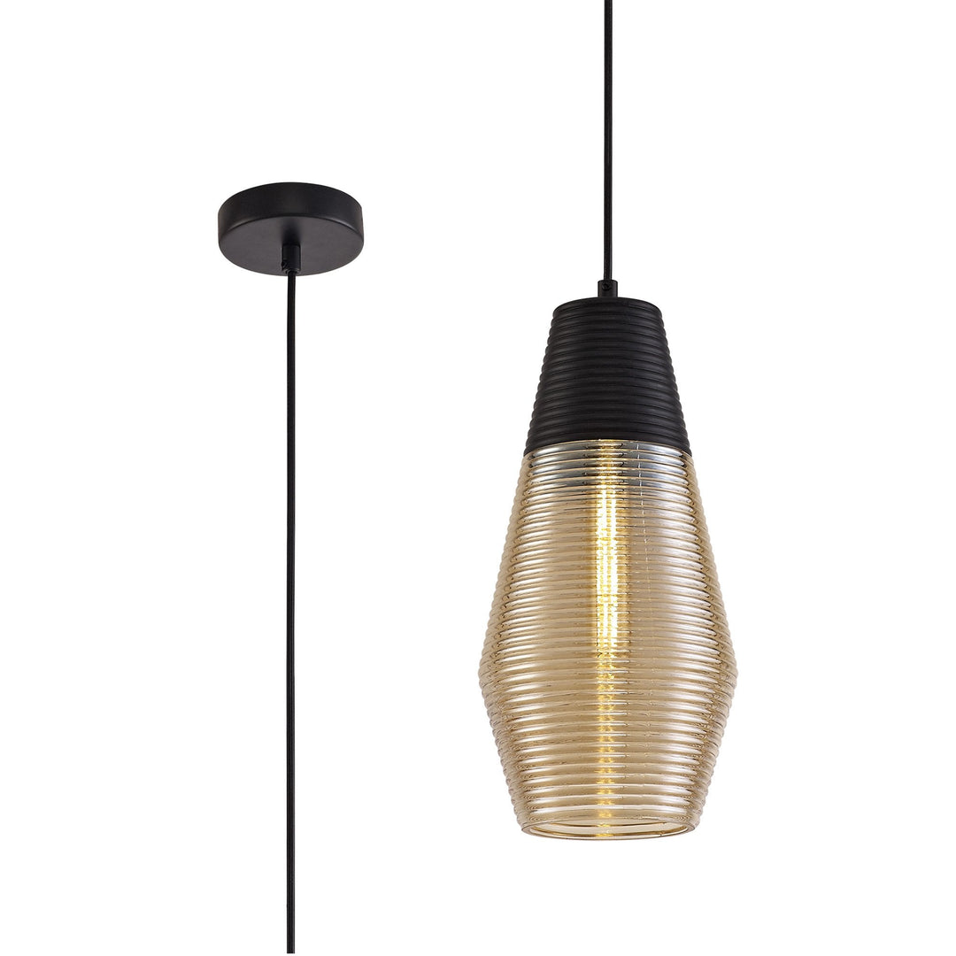 Nelson Lighting NL74069 Hedro Single Cone Pendant 1 Light Black/Amber Glass