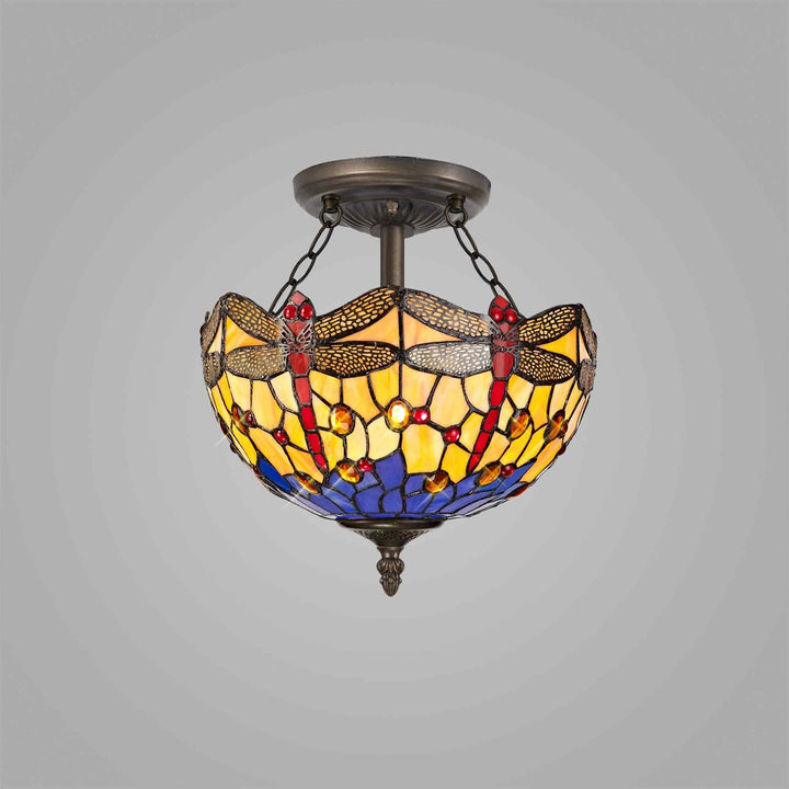Nelson Lighting NLK00709 Heidi 2 Light Semi Ceiling With 30cm Tiffany Shade Blue/Orange/Antique Brass