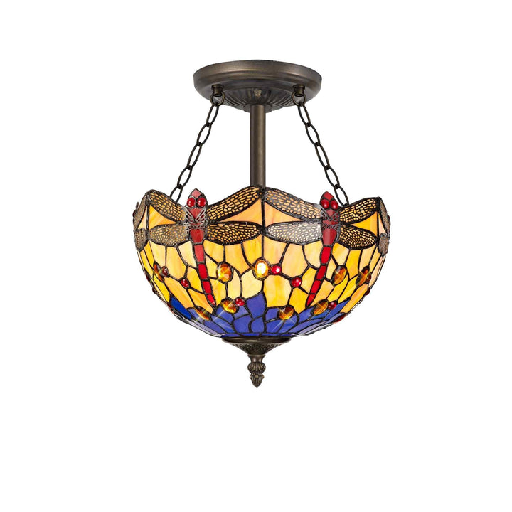Nelson Lighting NLK00719 Heidi 3 Light Semi Ceiling With 30cm Tiffany Shade Blue/Orange/Antique Brass