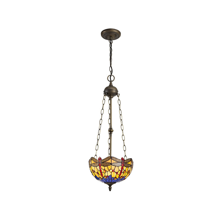 Nelson Lighting NLK00739 Heidi 3 Light Up Lighter Pendant With 30cm Tiffany Shade Blue/Orange/Antique Brass