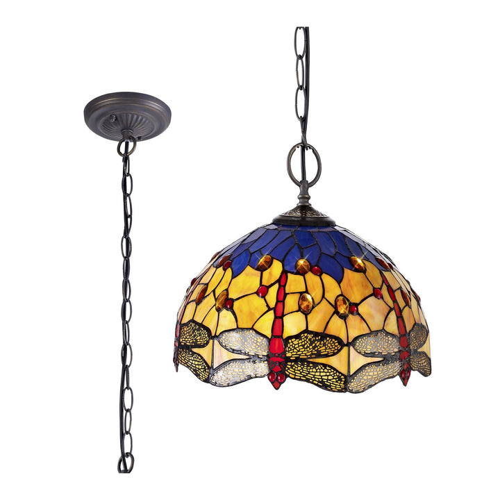 Nelson Lighting NLK00779 Heidi 2 Light Down Lighter Pendant With 40cm Tiffany Shade Blue/Orange/Antique Brass