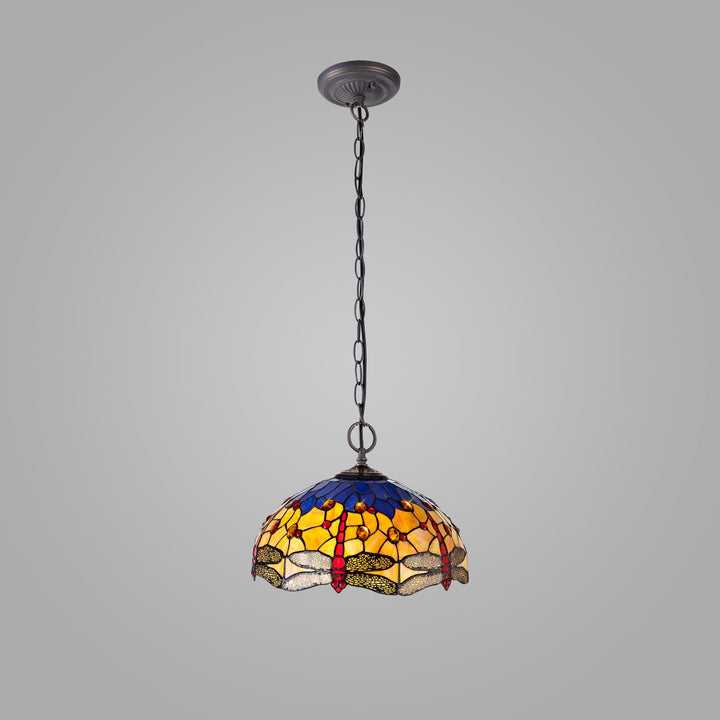 Nelson Lighting NLK00779 Heidi 2 Light Down Lighter Pendant With 40cm Tiffany Shade Blue/Orange/Antique Brass