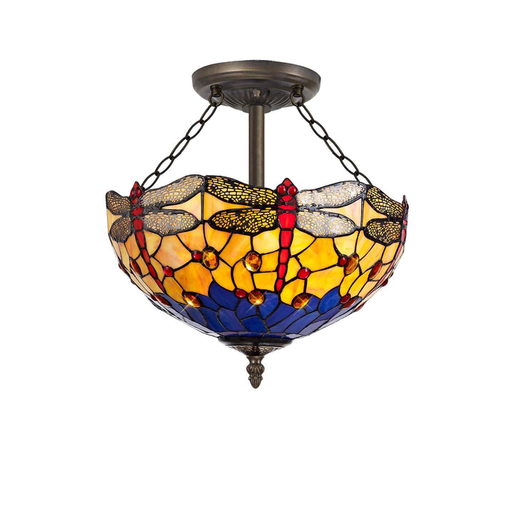 Nelson Lighting NLK00799 Heidi 3 Light Semi Ceiling With 40cm Tiffany Shade Blue/Orange/Antique Brass