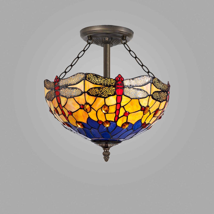 Nelson Lighting NLK00799 Heidi 3 Light Semi Ceiling With 40cm Tiffany Shade Blue/Orange/Antique Brass