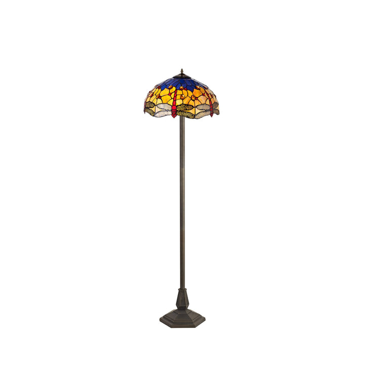 Nelson Lighting NLK00819 Heidi 2 Light Octagonal Floor Lamp With 40cm Tiffany Shade Blue/Orange/Crystal/Aged Antique Brass