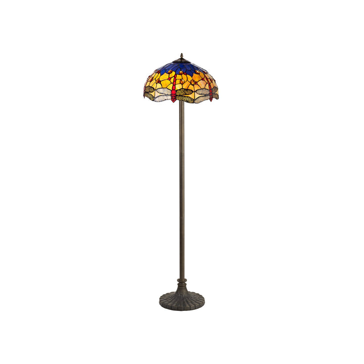 Nelson Lighting NLK00839 Heidi 2 Light Stepped Design Floor Lamp With 40cm Tiffany Shade Blue/Orange/Crystal/Aged Antique Brass