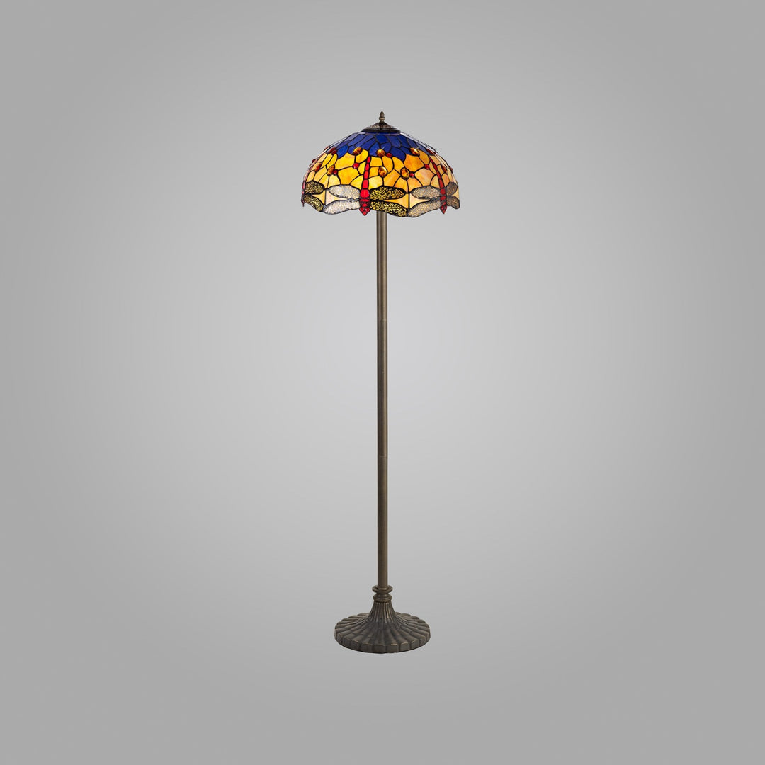 Nelson Lighting NLK00839 Heidi 2 Light Stepped Design Floor Lamp With 40cm Tiffany Shade Blue/Orange/Crystal/Aged Antique Brass