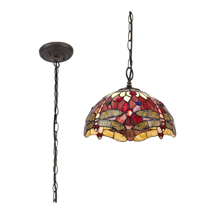 Nelson Lighting NLK00899 Heidi 1 Light Down Lighter Pendant With 30cm Tiffany Shade Purple/Pink/Antique Brass