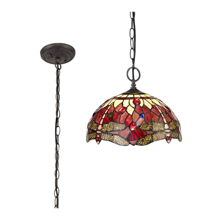Nelson Lighting NLK00909 Heidi 2 Light Down Lighter Pendant With 30cm Tiffany Shade Purple/Pink/Antique Brass