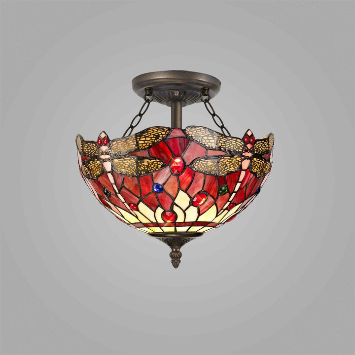 Nelson Lighting NLK00929 Heidi 2 Light Semi Ceiling With 30cm Tiffany Shade Purple/Pink/Antique Brass
