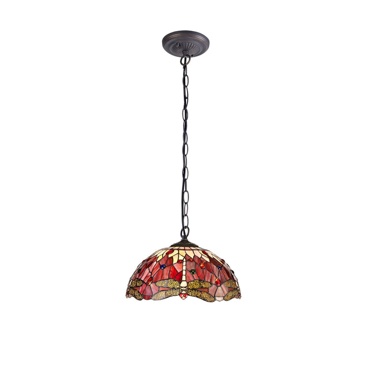 Nelson Lighting NLK00999 Heidi 1 Light Down Lighter Pendant With 40cm Tiffany Shade Purple/Pink/Antique Brass