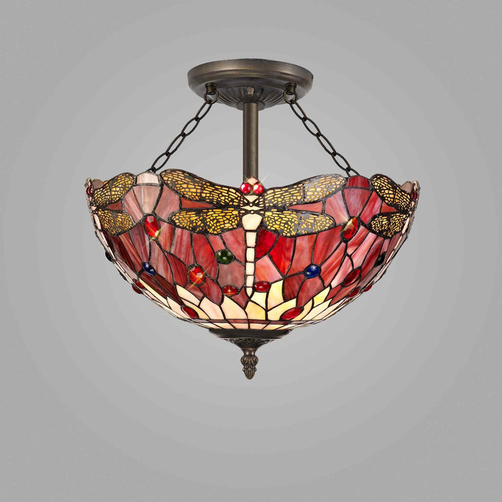 Nelson Lighting NLK01029 Heidi 3 Light Semi Ceiling With 40cm Tiffany Shade Purple/Pink/Antique Brass