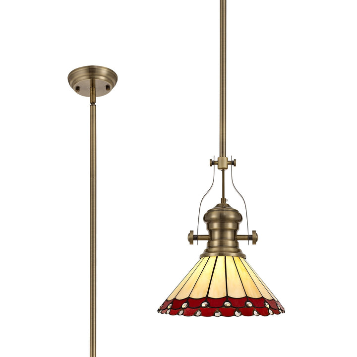 Nelson Lighting NLK04529 Louis/Umbrian 1 Light Telescopic Pendant 30cm Tiffany Shade Antique Brass/Red/Chrome