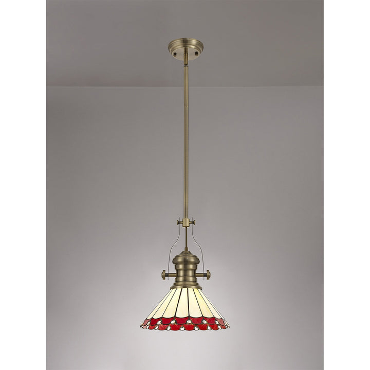 Nelson Lighting NLK04529 Louis/Umbrian 1 Light Telescopic Pendant 30cm Tiffany Shade Antique Brass/Red/Chrome