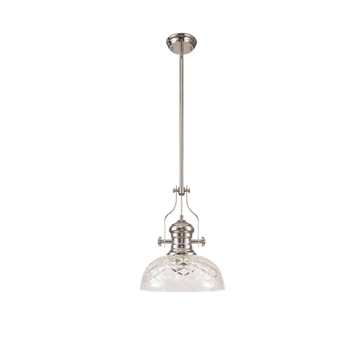 Nelson Lighting NLK04669 Louis Pendant With 30cm Flat Round Patterned Shade Polished Nickel/Clear Glass